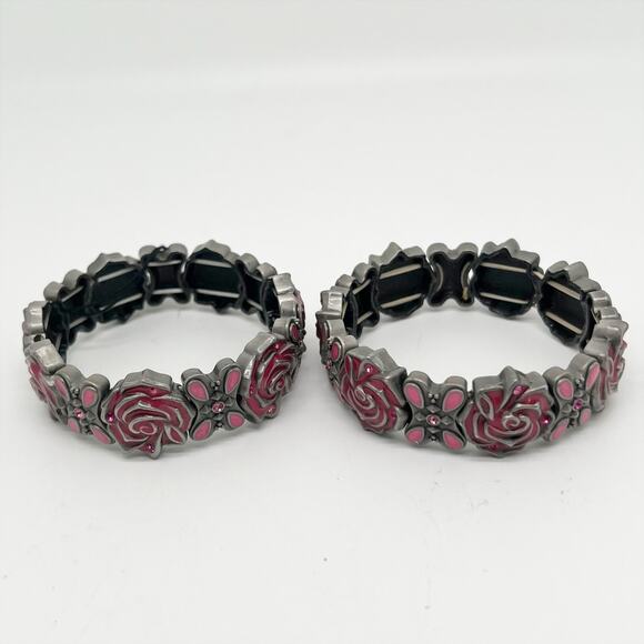 New Mary Kay Set of 2 Pink Rose Enamel Elastic Stretch Cuff Bracelets - Picture 2 of 4